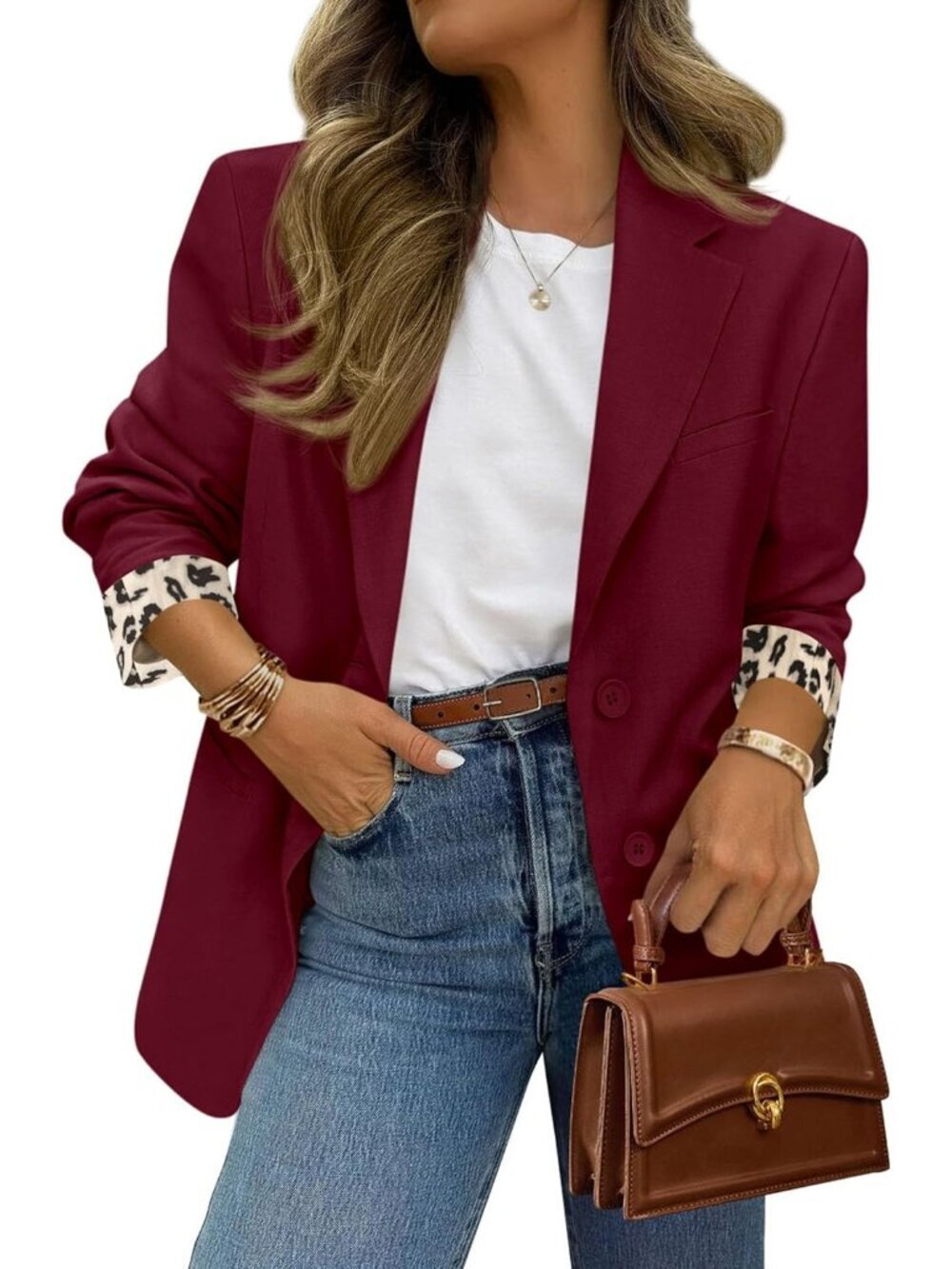 Women's Burgundy Spring Work Office Suit Jackets Open Front Leopard Blazer